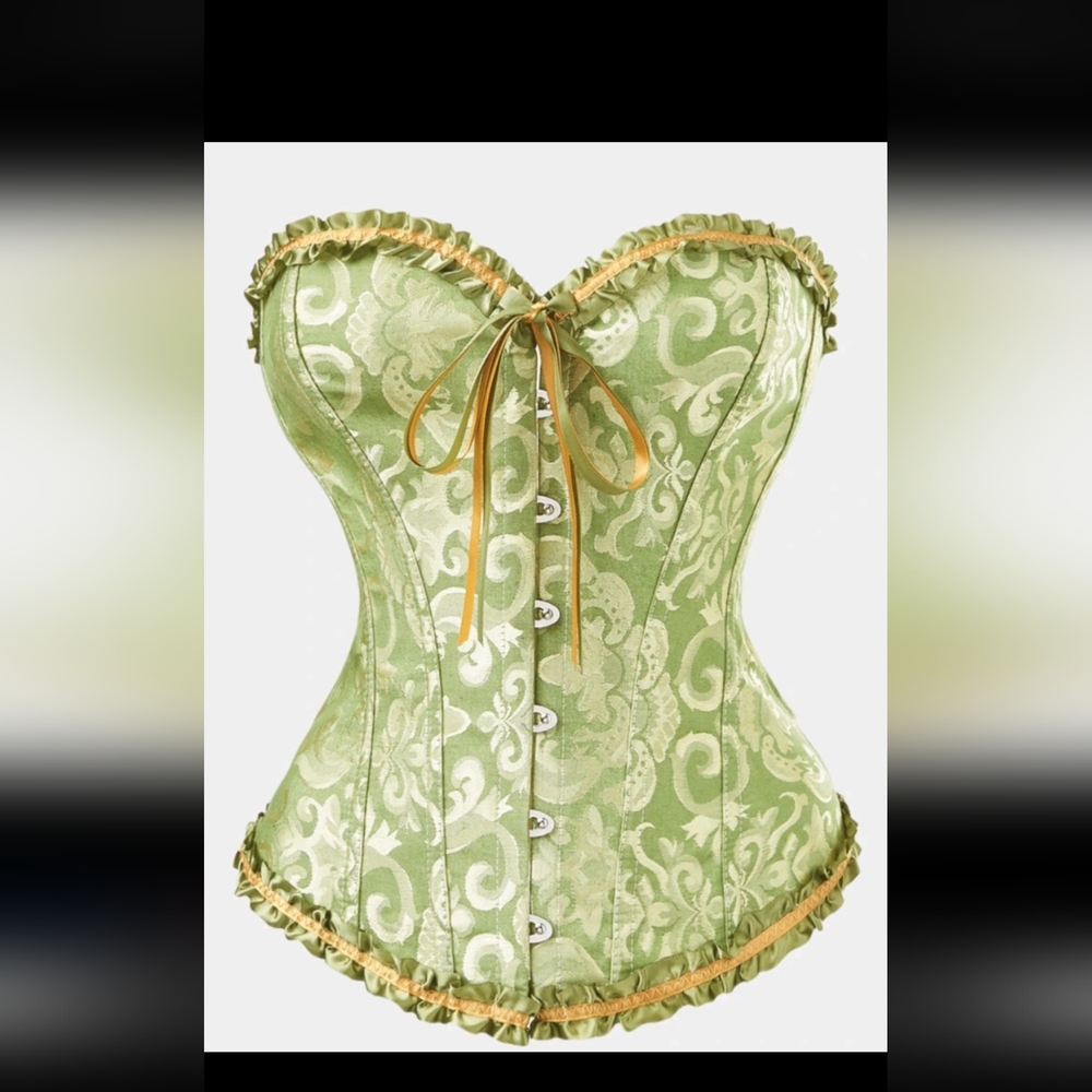 SHEIN Light Green Brocade Sweetheart Corset with Gold Ribbon Trim